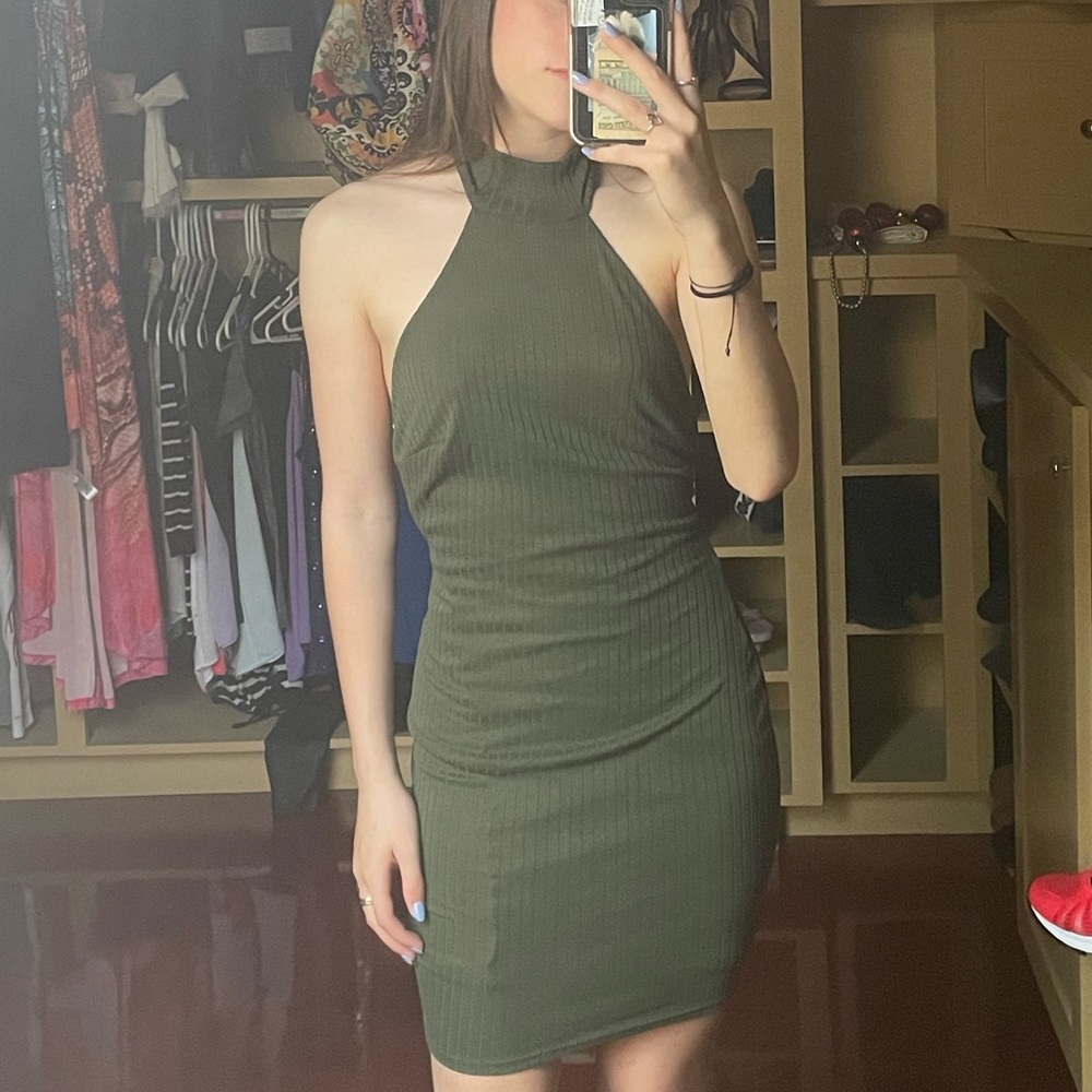 Olive green open back dress
